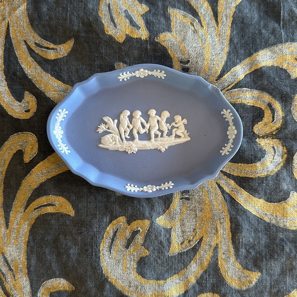 Vintage Wedgwood Blue Jasperware Oval Trinket Dish